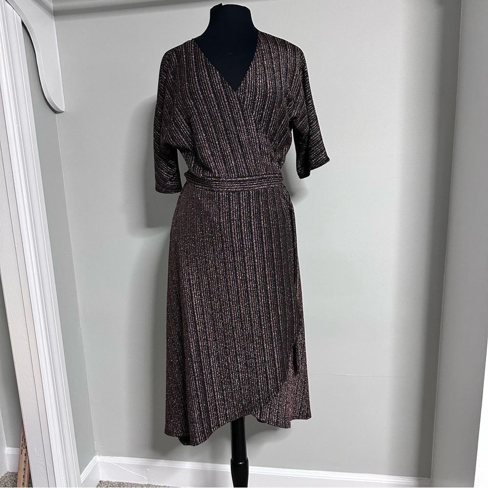 SPENSE Women Bronze Metallic Cocktail Kimono Dress Wrapped Raglan 3/4 Sleeves L